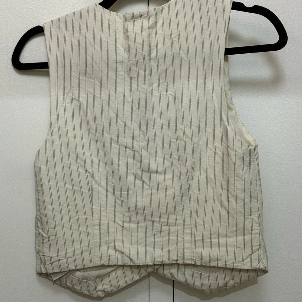 H&M Linen Blend Pinstripe Vest Neutral Minimalist Waistcoat XS - Picture 2 of 3